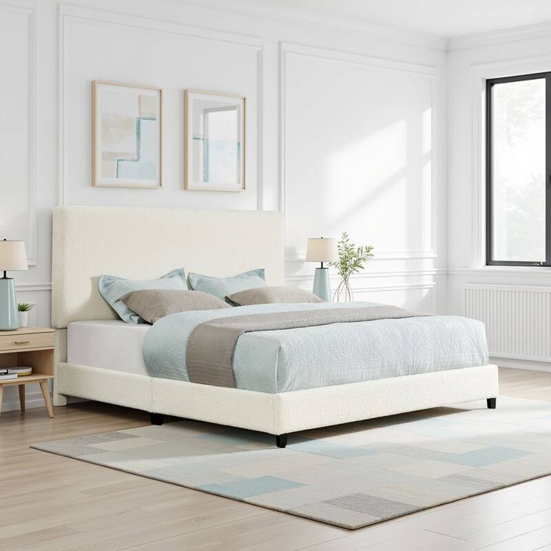 White Boucle Upholstered King Size Platform Bed with Padded Headboard