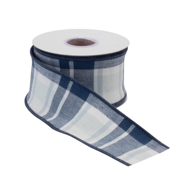 Navy Blue and White Plaid Wired Ribbon (Set of 2)