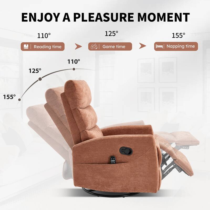 Roomfitters Manual Rocker Swivel Recliner Chair with Heat and Massage Fabric Glider Lounge Sofa for Living Room