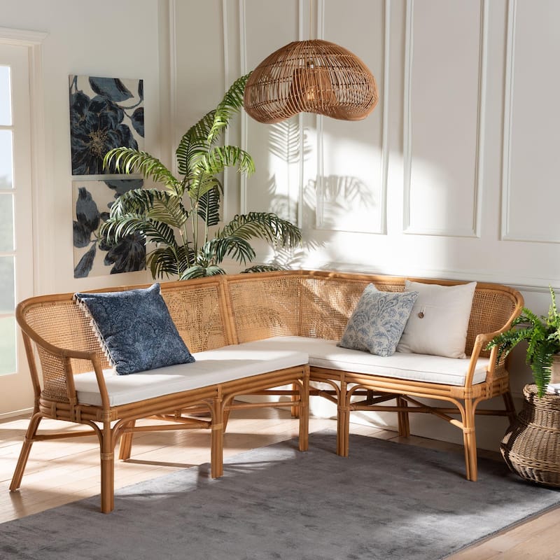 Adede 2-Piece Natural Rattan Corner Bench Set - Handwoven Wicker L-Shaped Dining Nook Seating, Boho Coastal Set