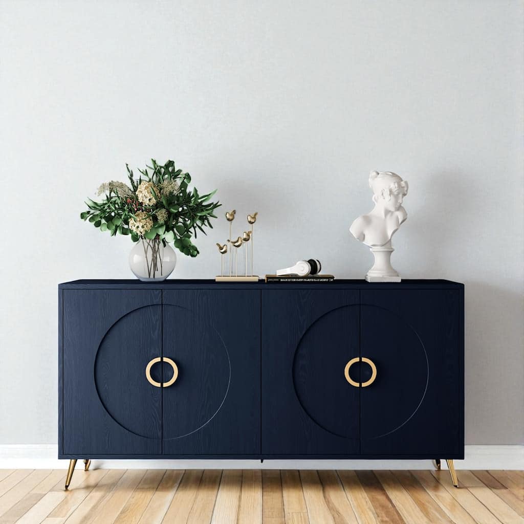 Modern Lacquered 4-Door Wooden Sideboard Buffet Cabinet with Adjustable Shelves and Gold Accents.