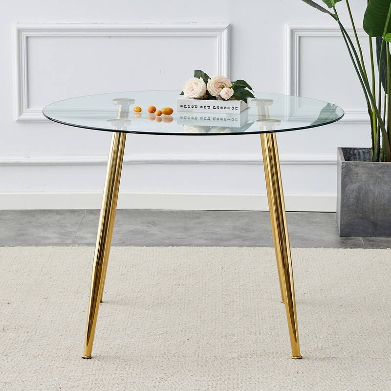 40" Round Glass Tabletop Dining Table with Metal Legs