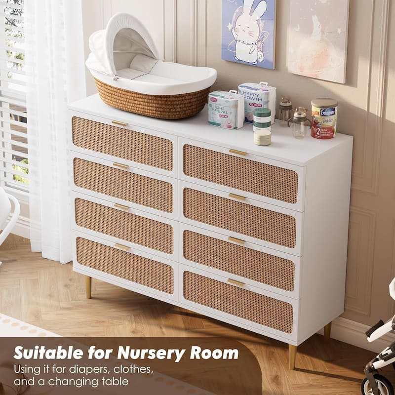 Rattan 8 Drawer Dressers TV Stand for Bedroom Living Room