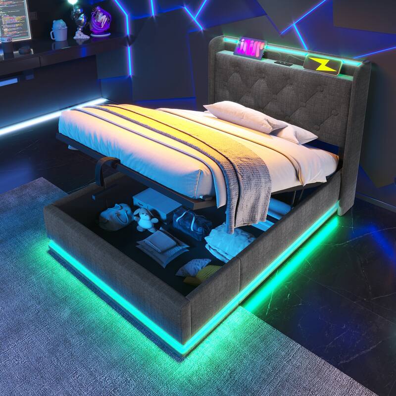 Upholstered Bed with LED Function and USB Charging