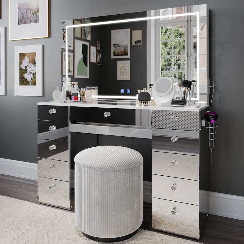 Boahaus Smart Vanity Desk with LED Mirror & Bluetooth Speakers