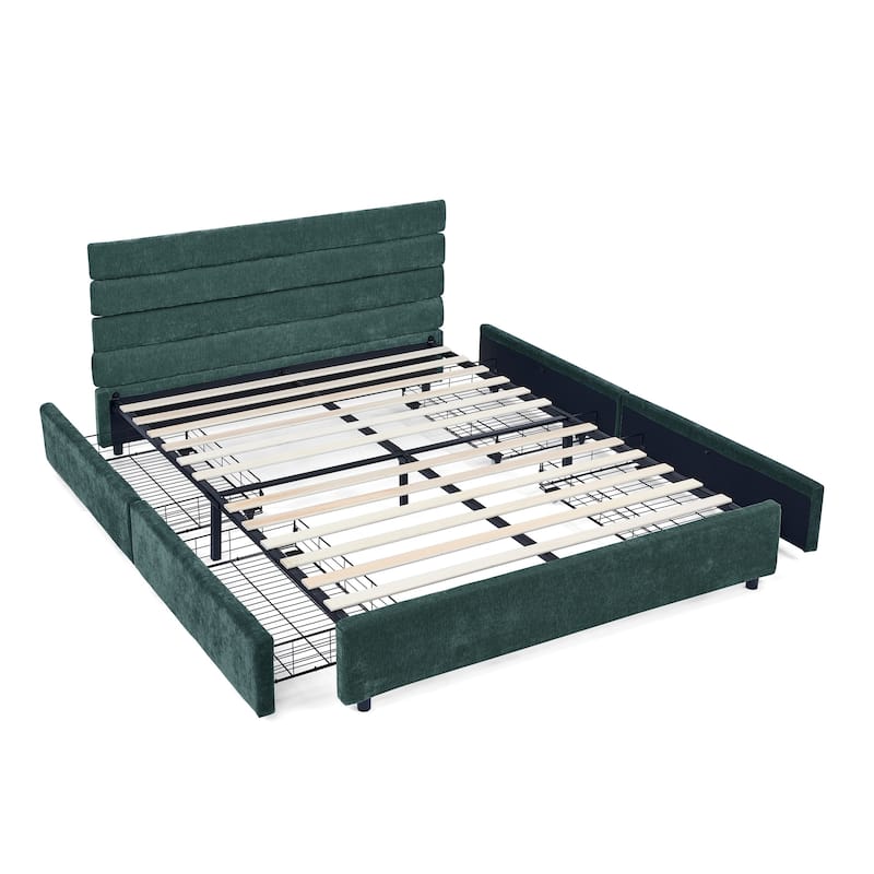 Modern Queen Size Upholstered Bed with Drawers, Velvet Fabric, Blue