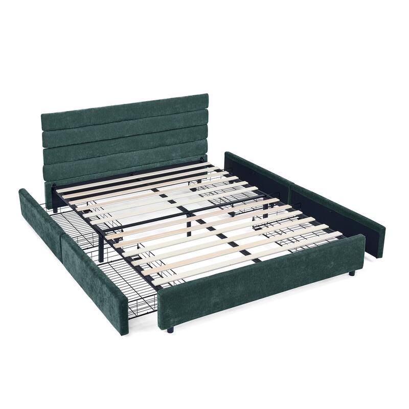 Roomfitters Queen Upholstered Bed Frame with Cushioned Headboard and 4 Storage Drawers, Chenille Fabric Platform Bed