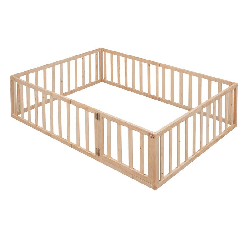 Versatile Wooden Floor Bed Frame without Slats, Solid Pinewood Kids Bed Frame with Fence and Door