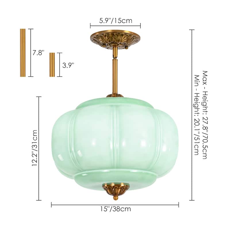 1-Light Retro Antique Brass Pumpkin Shaped Flush Mount Ceiling Light/Pendant Light with Milk/Green Glass for Kitchen,Dining Room