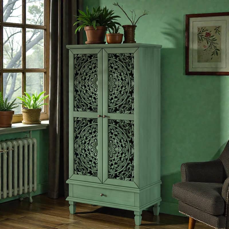 55'' Rustic Tall Storage Cabinet with Drawer, Carved Wood 2-Door Accent Cabinet with Solid Wood Legs for Living Room