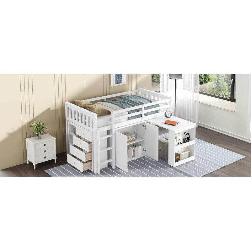 Roomfitters Twin Rubber Wood Loft Bed with Storage Cabinets, Pull-Out Desk, Safety Guardrail and Ladder