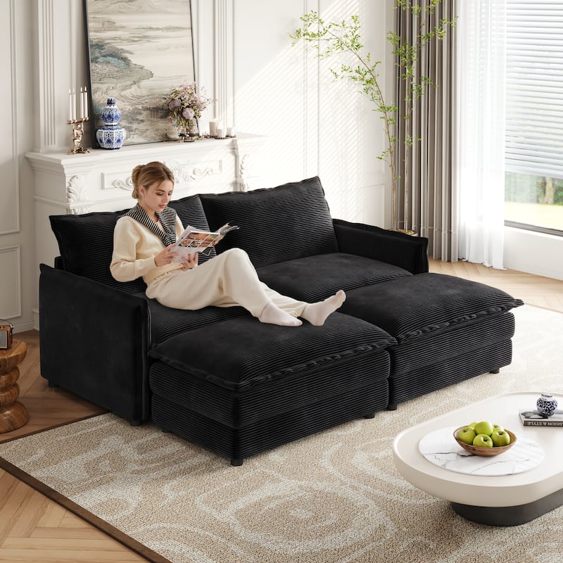 75" Corduroy 2-Seater Cloud Sectional Sofa with Dual-Layer Cushions - Black