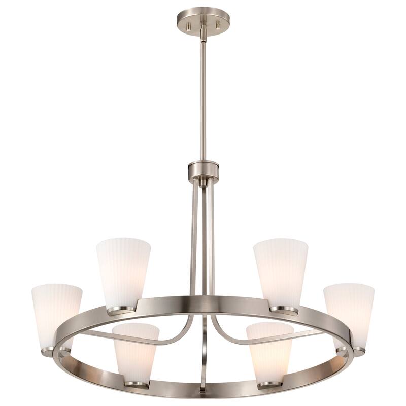 Royale 6 Light Chandelier Brushed Nickel Finish Ribbed White Glass - Brushed Nickel