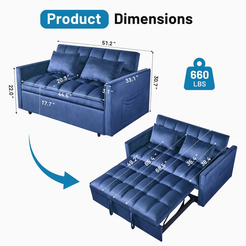 3-in-1 Convertible Sleeper Loveseat Pull Out Twin Size Suede Sofa Bed with 2 Pillows & Pocket