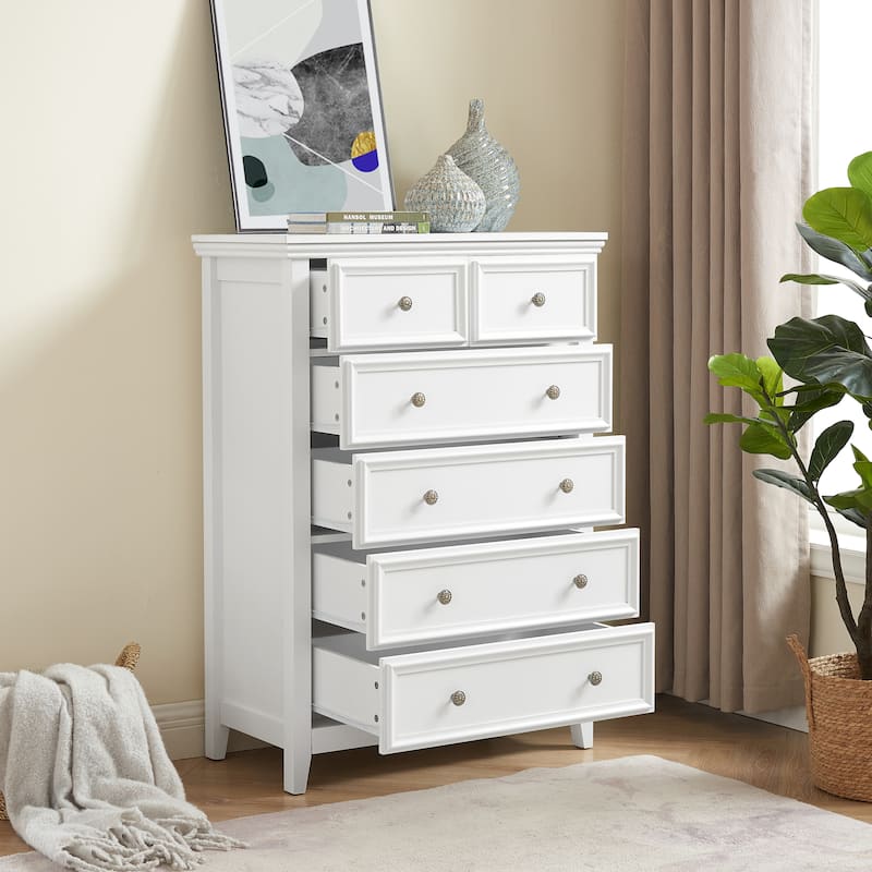 Crisp White 6-Drawer Dresser, Elegant Living Room Storage Solution