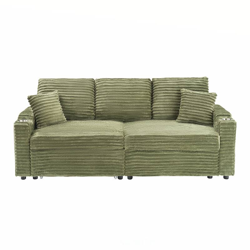 80"Corduroy Sofa With Cup Holder