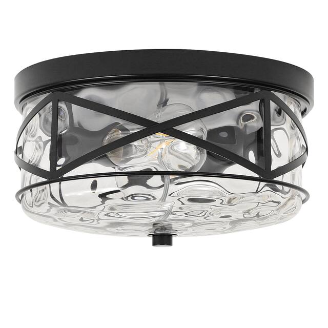 2-Light Flush Mount Glass Ceiling Light with Metal Frame - N/A - Black