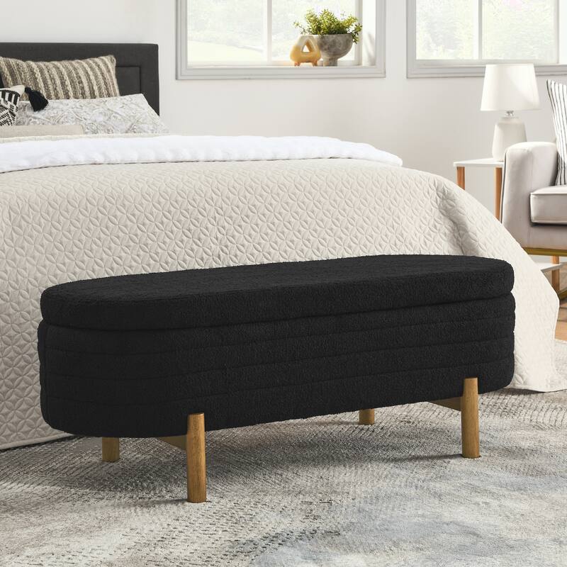 Small Ottoman Oval Storage Bench with Rubber Wood Leg Bedroom Upholstered Footstool Bench with Hidden Storage