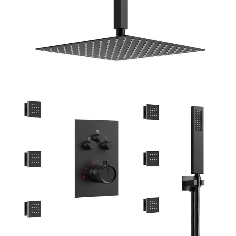 Shower System 12" Ceiling Rain Shower Head with 3-Way Thermostatic Faucet & Body Jets - Matte Black