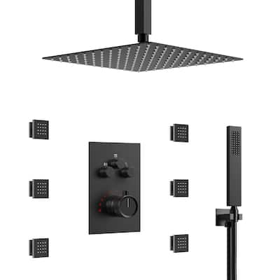 Shower System 12" Ceiling Rain Shower Head with 3-Way Thermostatic Faucet & Body Jets