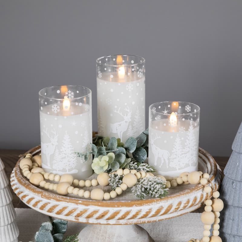 3 Snowy Woodland Flameless LED Flickering Christmas Pillar Candles 6"