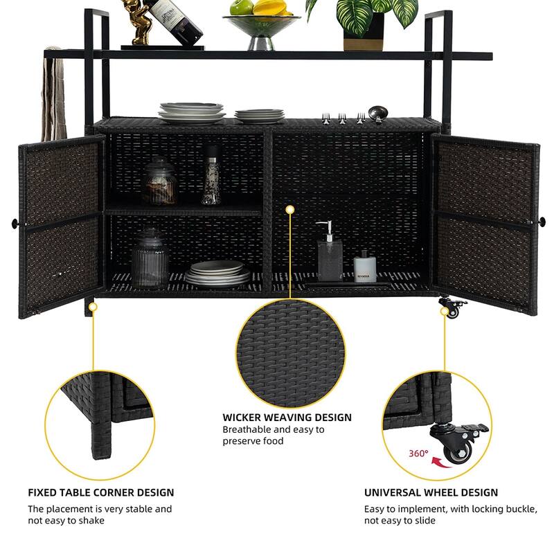 Large Portable Outdoor Wicker Bar Cart, Wheels, Glass Tabletop - 51.18'' W x 19.69'' D x 35.43'' H