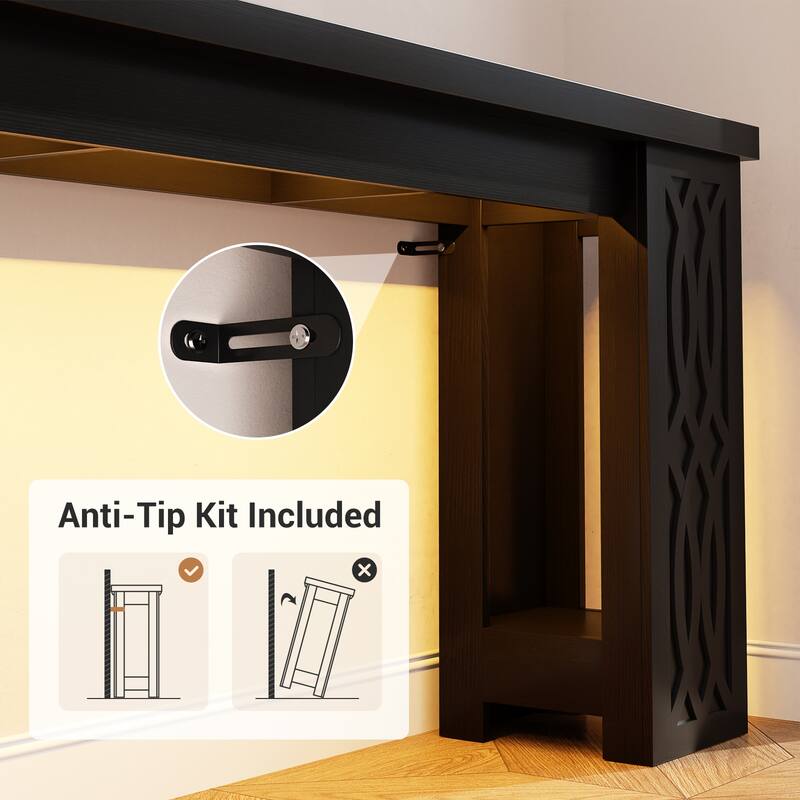 47" Farmhouse Console Table with RGB LED Light ＆ Power Outlets, Unique Carved Design Farmhouse Entryway Table Sofa Table