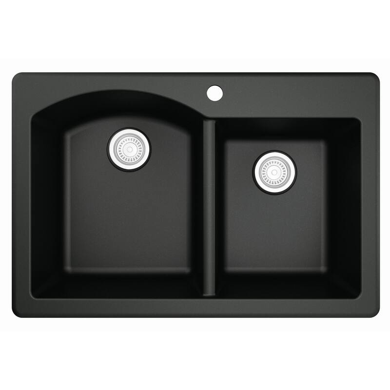 Karran All in One Drop-In Quartz 33 in. Double Bowl 60/40 Kitchen Sink in Black with KKF220 Faucet in Stainless Steel