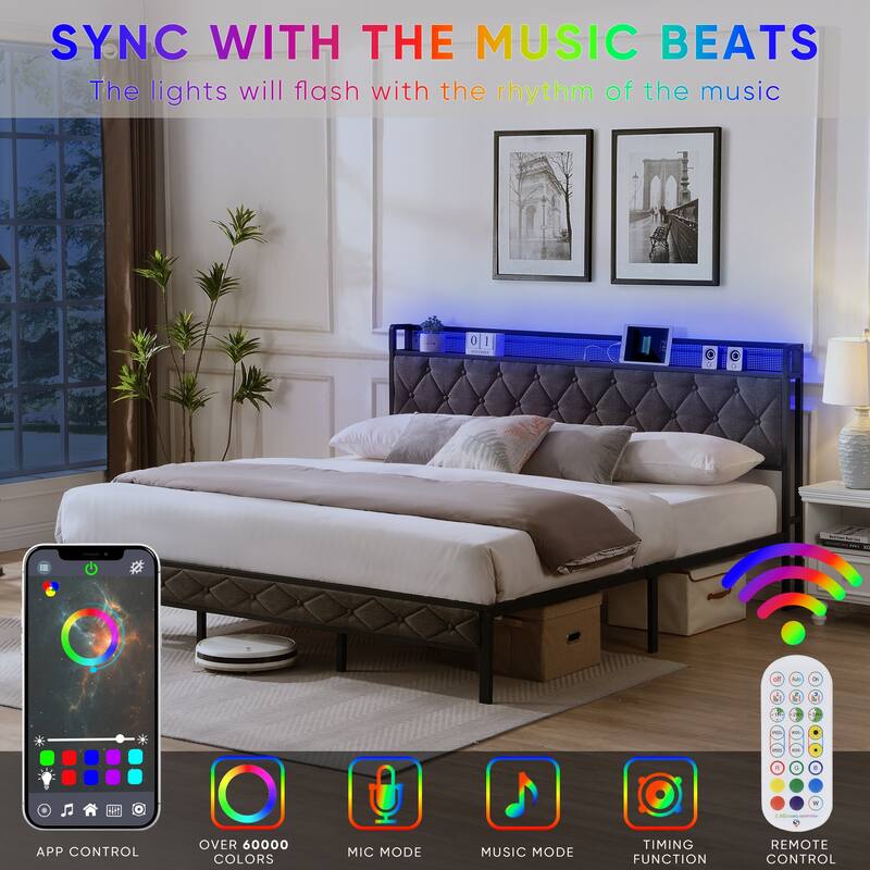 Platform Bed Frame with Storage Headboard, Charging Station and LED Lights