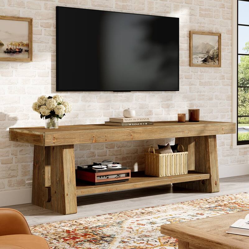 2-Tier Solid Wood TV Stand with Storage Shelves, Entertainment Center Television Console for 75-Inch TVs Living Room Bedroom