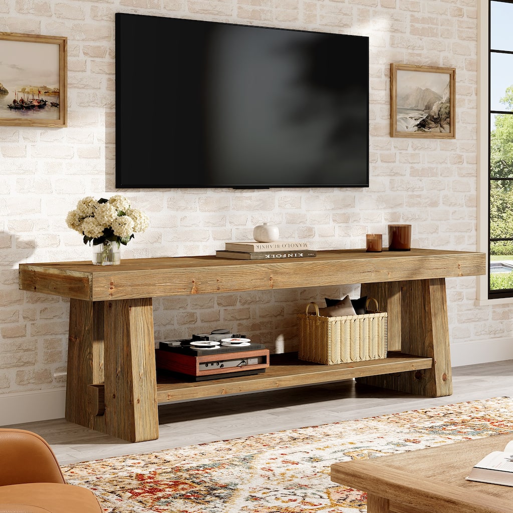 63-Inch Farmhouse TV Stand, 2-Tier Solid Wood Entertainment Center