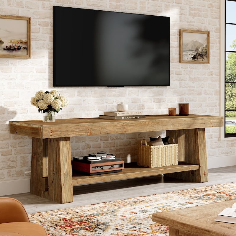 63-Inch Farmhouse TV Stand, 2-Tier Solid Wood Entertainment Center - Brown