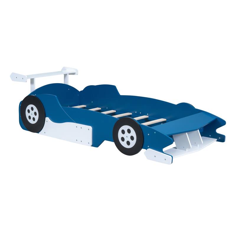 Blue Twin Race Car-Shaped Platform Bed with Wheels - Fun Sleep Adventure!
