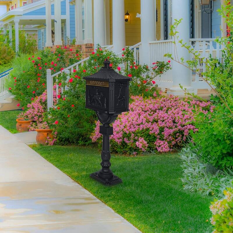 Retro Mid-century Aluminum Cast Mailbox with Post and Keys, Locking Residential Rust-Proof Security Postal Mailboxes