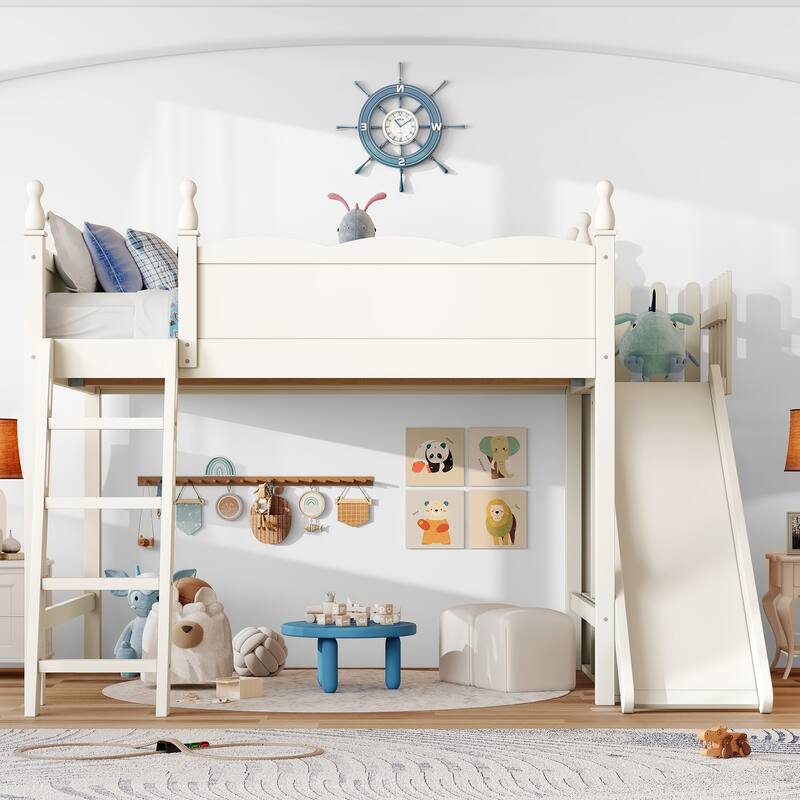 Full Loft Bed with Storage Shelves and Wardrobe, Solid Wood Loft Beds with Detachable Slide and Ladders, No Spring Box Needed