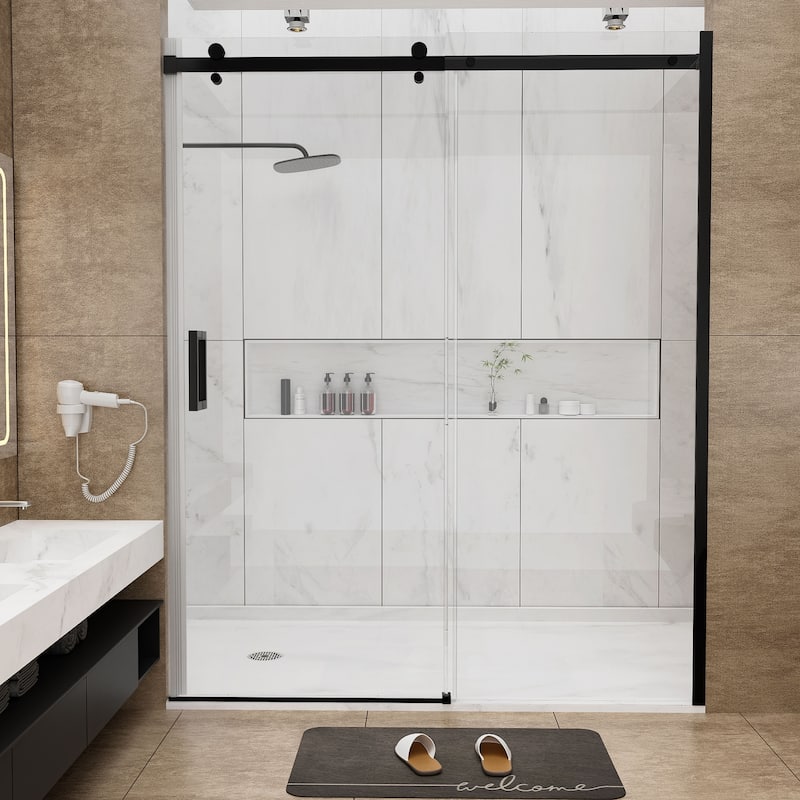 60''W Glass Frameless Shower Door, Shower Sliding Door in Black/Chrome
