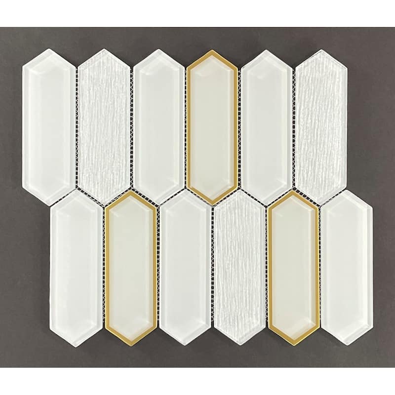 6 X 2 Long Hexagon Glass Wall Mosaic Tiles - Case (10 Sheets) - White with Gold