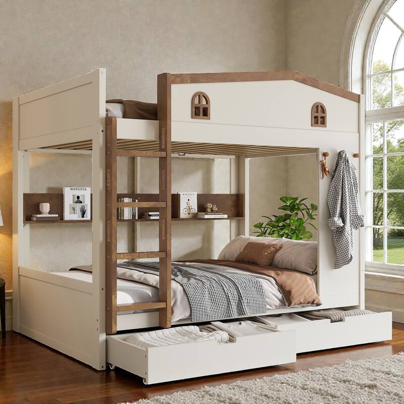 Queen Over Queen Solid Wood Bunk Bed with Storage Drawers and Shelves, Built In Hooks, No Box Spring