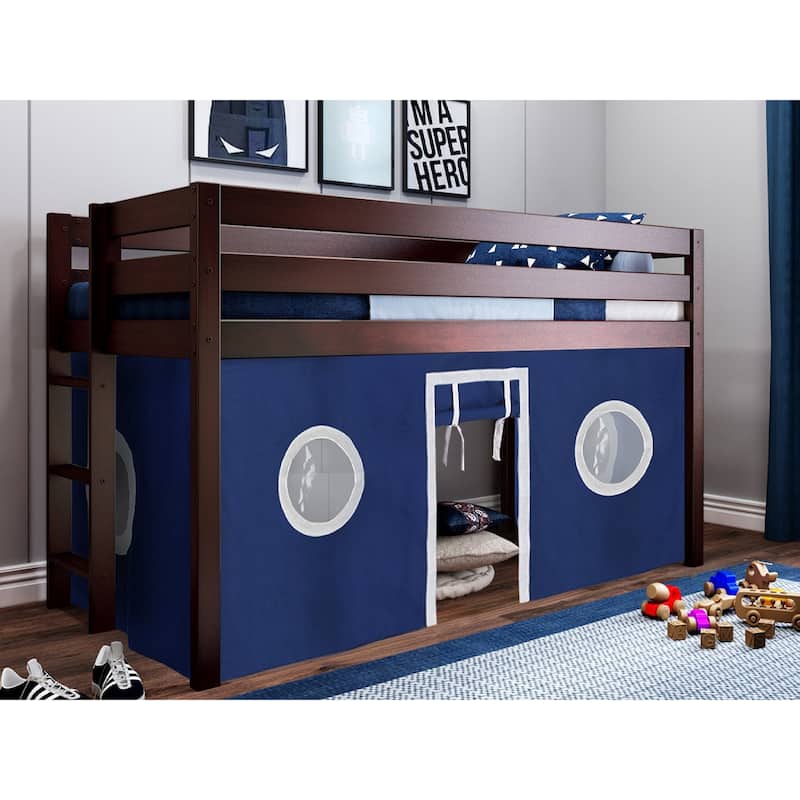 JACKPOT Contemporary Low Loft Twin Bed with End Ladder and Tent - Cherry with Blue & White Tent