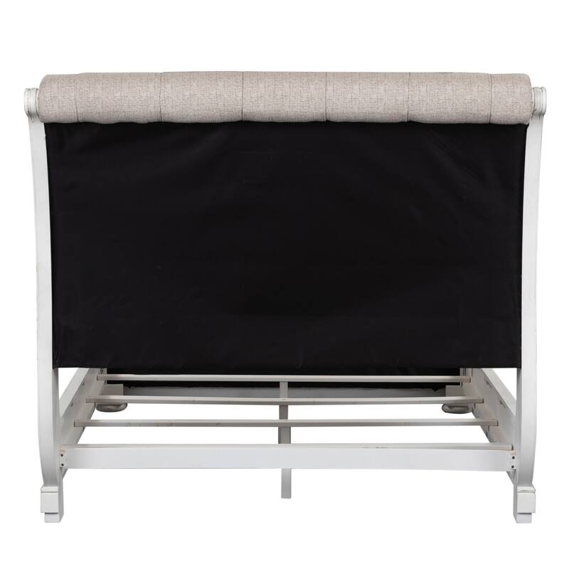 Magnolia Manor Antique White & Weathered Bark Upholstered Sleigh Bed, Dresser and Mirror Set