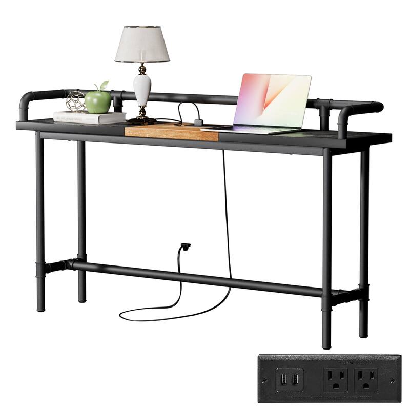 Mid Century Console Table with Power Outlet, Narrow Sofa Table, Sofa Couch Table with Charging Station USB Port