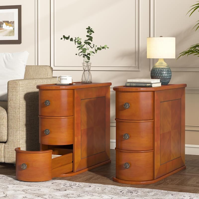 Wood Nightstand with 2 Drawers, Narrow Bedside Table No Assembly - 2-Pcs - 3-drawer