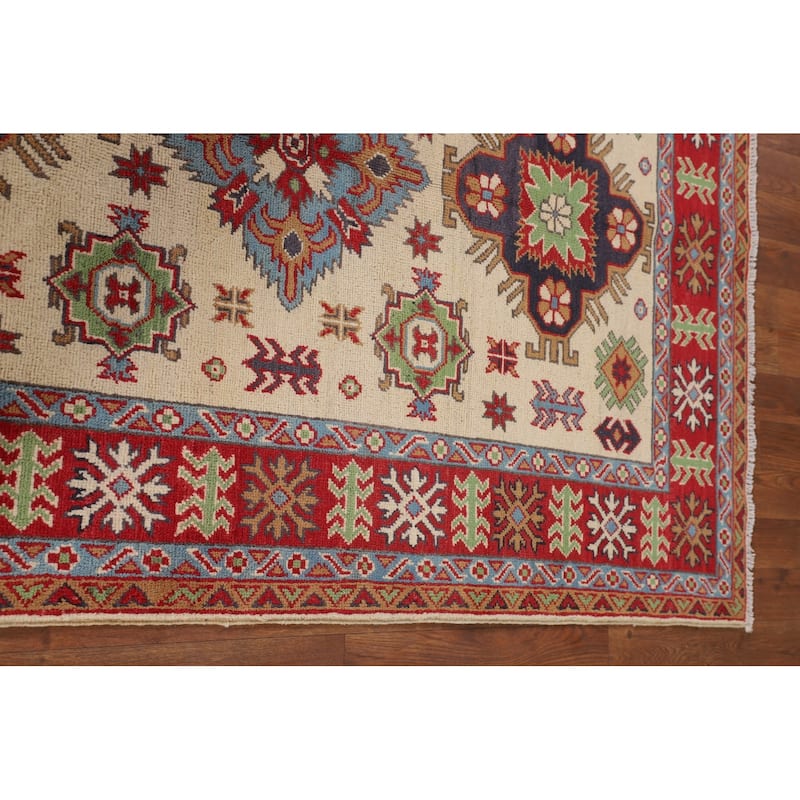 Traditional Kazak Area Rug Handmade Beige Geometric Wool Carpet - 3'11" x 5'11"