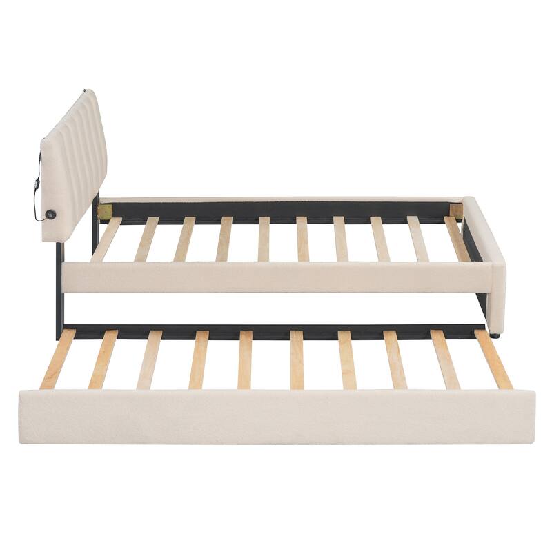 Teddy Fleece Twin Upholstered Platform Bed with Trundle, Stripe Headboard