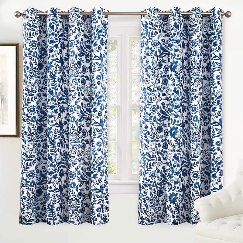 Porch & Den Ouzel Floral Watercolor Blackout Lined Window Curtain Panel Pair - 52"Width X 72 "Length - Navy