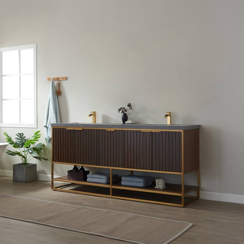 Donostia 72" Vanity in Walnut with stone countertop Without Mirror