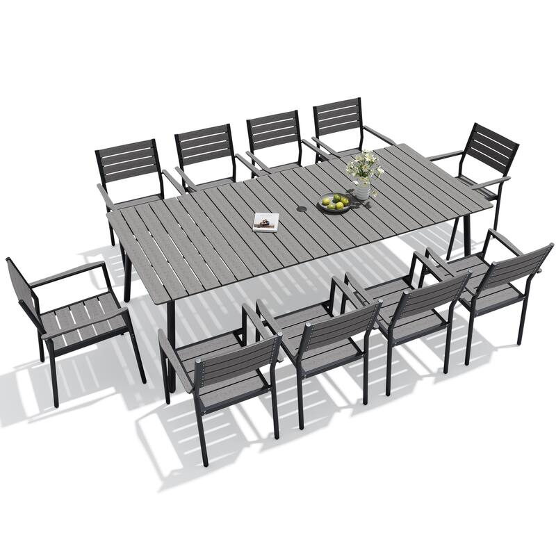 11-Piece Outdoor Patio Dining Set Wood-Like Table Top Alumium Umbrella Hole Table with Stackable Armrest Chairs