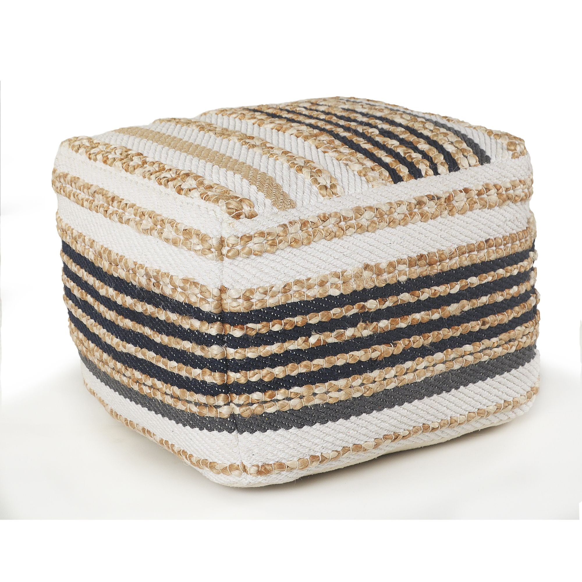 18" Brown and White Striped Jute Square Pouf Ottoman