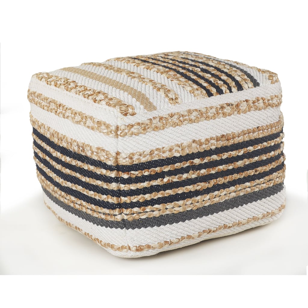 18" Brown and White Striped Jute Square Pouf Ottoman