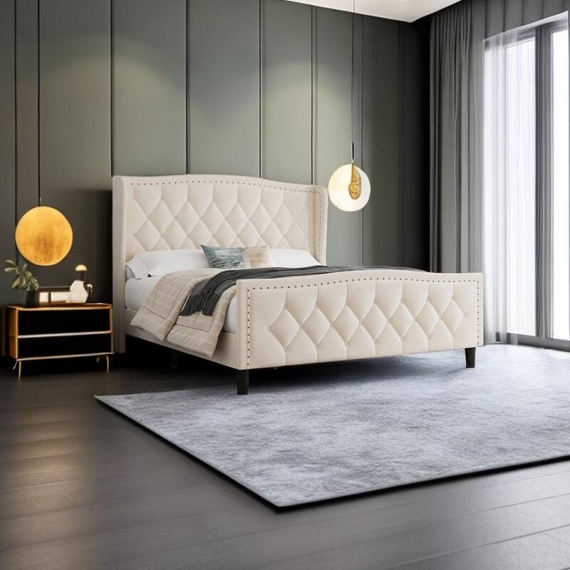 Modern Upholstered Queen Size Platform Bed with Wingback Headboard, Velvet Frame, Wood Slat Support, Easy Assembly - Off White